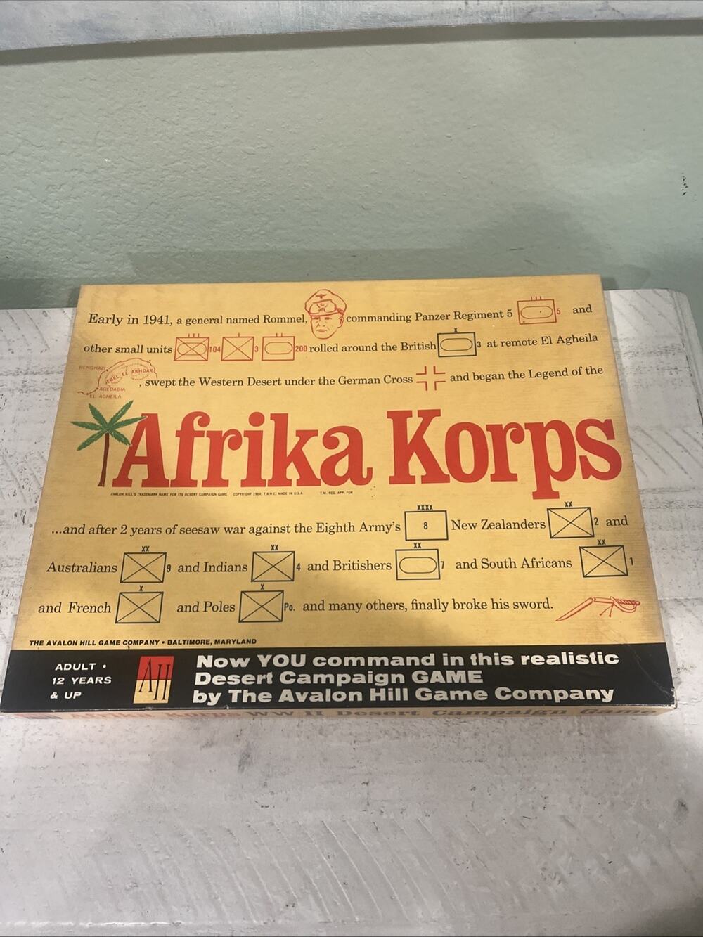 1964 Avalon Hill Afrika Korps WWII Desert Campaign Board Game. Good Condition